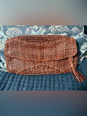 Cole Haan Woven Leather Clutch Brown Boho Handwoven Tassel Magnetic Closure